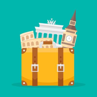 Flat Style Suitcase with Landmarks Background – Free Download