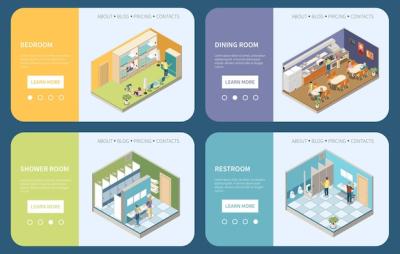 Hostel Isometric Landing Pages Featuring Bedroom, Shower Room, Restroom, and Dining Room Vector Illustrations – Free Download