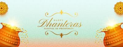 Happy Dhanteras Cultural Banner Featuring Golden Coin Kalasha – Free Download