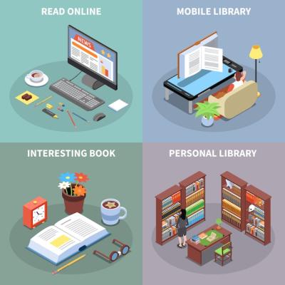 Isometric Icons Set for Reading and Library Concepts – Free Download