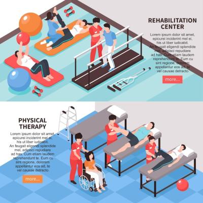 Isometric Rehabilitation Physiotherapy Banners with Editable Text and Buttons – Free Stock Photo for Download