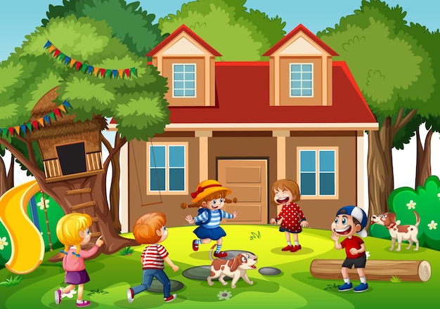 Children Playing in an Outdoor Scene in Front of a House – Free Download