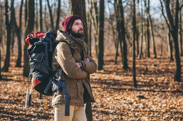 Young Hipster Man in Autumn Forest with Backpack – Free Stock Photo, Download for Free