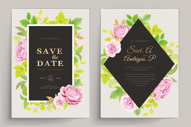 Watercolor Floral Roses and Green Leaves Wedding Invitation Card Set – Free Download