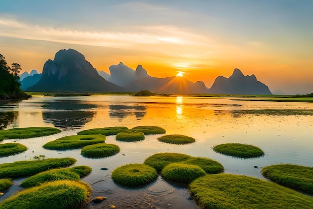 A Stunning Sunset Reflected in Green Algae Water – Free Download