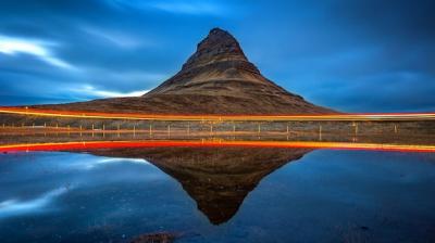 Kirkjufell Mountains and Reflection with Car Light, Iceland – Free Download