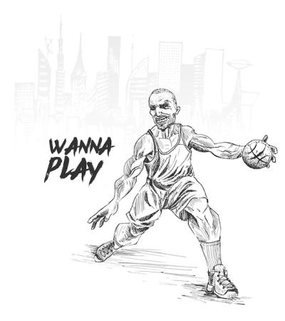 Basketball Players in Action on Urban City Background – Hand Drawn Sketch Vector Illustration Free Download