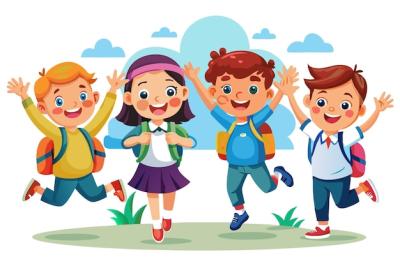 Four Happy School Kids Jumping with Backpacks Against a Blue Sky – Free Download