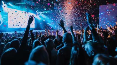 Crowd of People at a Concert with Hands Raised in Excitement – Free Download