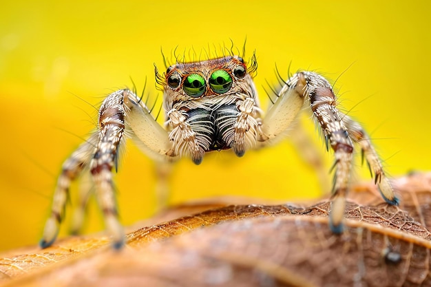 Jumping Spider Macro Photography with Vibrant Yellow Background and Green Eyes – Free Stock Photo for Download