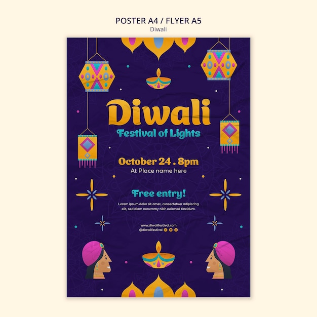 Flat Design Diwali Poster Template – Free Download