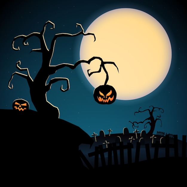 Happy Halloween Vector Template with Scary Cartoon Pumpkins and Graveyard on Moon Background – Free Download