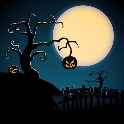 Happy Halloween Vector Template with Scary Cartoon Pumpkins and Graveyard on Moon Background – Free Download