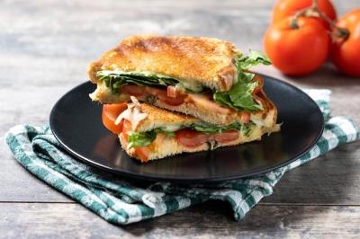 Delicious Tomato Spinach Cheese Sandwich on Wooden Table – Free Stock Photo, Download Free