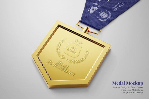 Realistic Mockup of a Shield-Shaped Gold Medal with Strap – Free Download