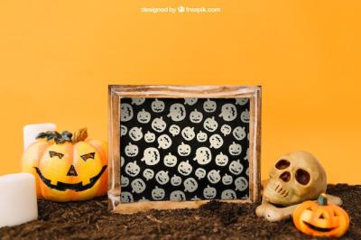 Halloween Mockup Featuring Slate and Pumpkin Decoration – Free to Download