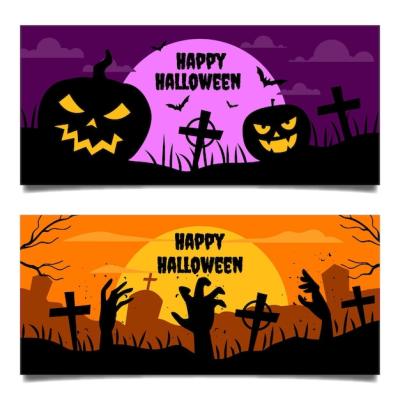 Hand Drawn Flat Halloween Horizontal Banners Set – Free Download