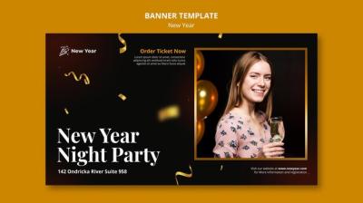 New Year Party Banner Template Featuring Woman and Confetti – Free Download