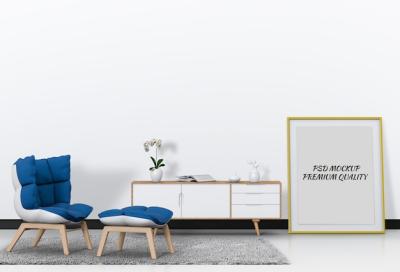 Interior Living Room Featuring Sideboard and Blank Poster Mockup – Free Download