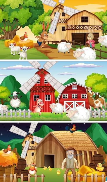 Charming Cartoon Farm Scenes Featuring an Old Farmer and Animal Characters – Free Download