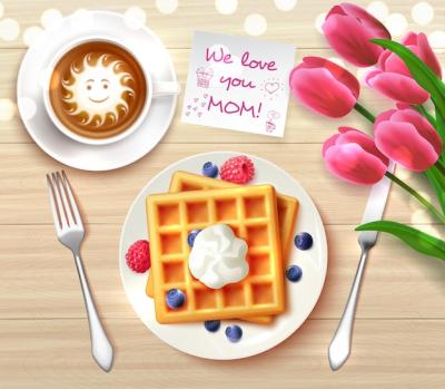 Mothers Day Flatlay Composition with Sticker, Waffles, Coffee, and Flowers – Free Download