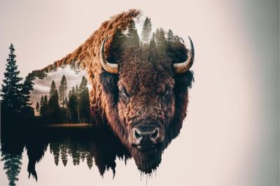 Male Bison Grazing on Grassland with Double Exposure Natural Background – Free Stock Photo for Download