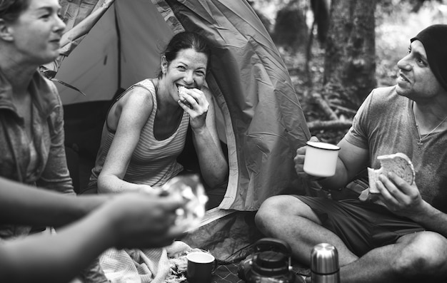 Group of Friends Camping in the Forest – Download Free Stock Photo