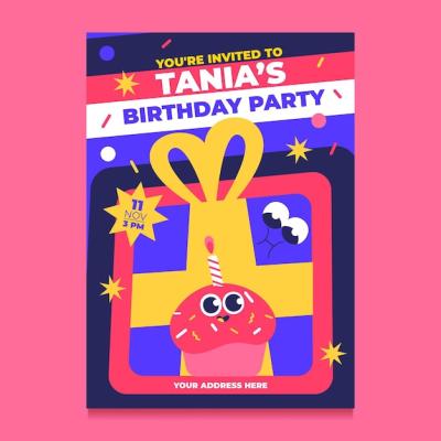 Trendy Cartoon Birthday Invitation in Hand Drawn Flat Design – Free Download