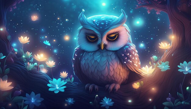 An Owl Sitting on a Tree Surrounded by Flowers – Free Download