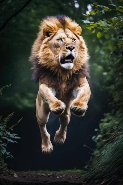 Lion Jumping in the Air Surrounded by Trees and Bushes – Free Download