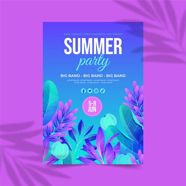 Watercolor Summer Night Party Poster Template with Vegetation – Free Download