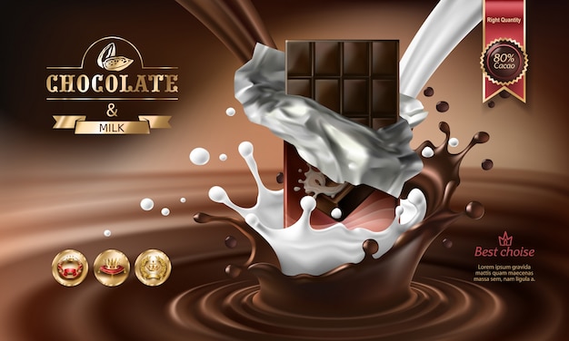 3D Vector Illustrations of Melted Chocolate and Milk with Chocolate Bar Pieces – Free Download