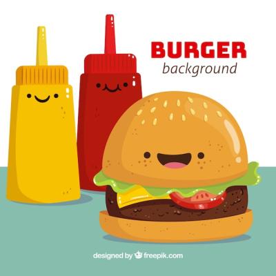 Delicious Burger and Sauces Characters Vector Background – Free Download