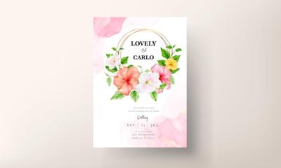 Beautiful Watercolor Hibiscus Flower Wedding Invitation Card Template – Free Download