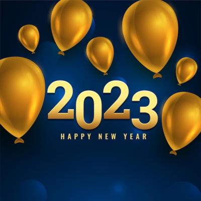 Realistic 2023 New Year Wishes Banner with Golden Balloon – Free Download