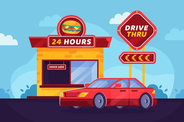 Drive Thru Sign Featuring a Red Car – Free Download