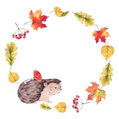 Watercolor Hedgehog Surrounded by Autumn Leaves in a Round Frame Wreath – Free Download for Invitations and Postcards