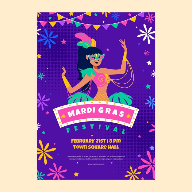 Flat Mardi Gras Festival Vertical Poster Template – Free to Download