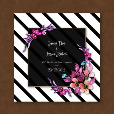 Watercolor Floral Anniversary Invitation Card with Stripes – Free Download