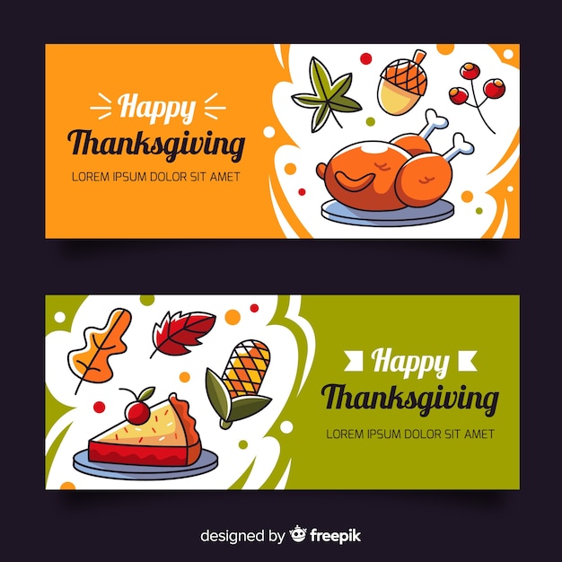 Thanksgiving Day Banner Set Featuring Hand-Drawn Food – Free to Download