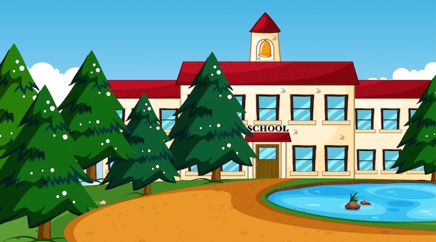 School Building with Pond Scene – Free Stock Photo for Download