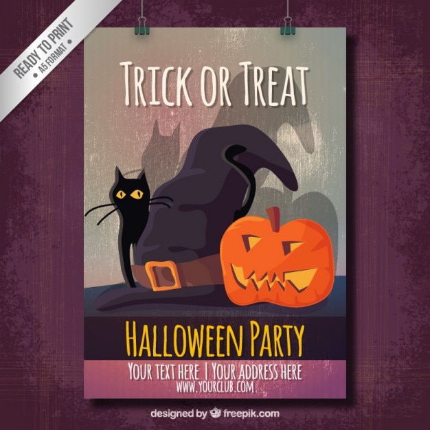 Halloween Party Poster Featuring a Cat and Pumpkin – Free to Download