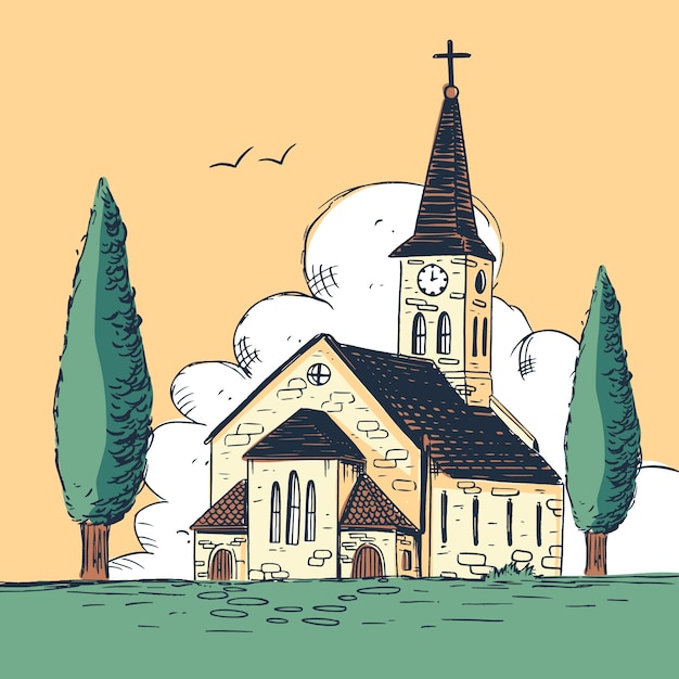 Flat Design Church Building Illustration – Free Download