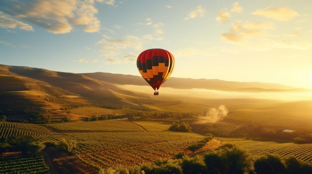 Hot Air Balloon Over Vineyards in Early Dawn Light – Free Download