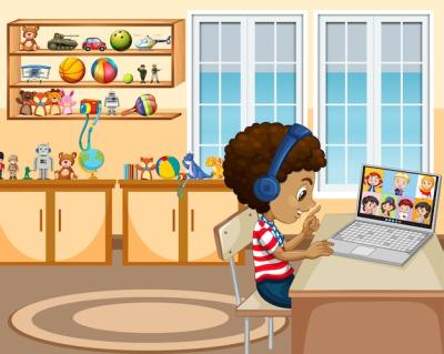 A Boy Communicating via Video Conferencing in a Living Room Scene – Free Download