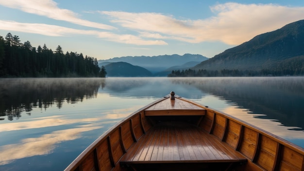 A Serene View of a Wooden Boat on a Misty Lake at Sunrise – Download Free Stock Photo