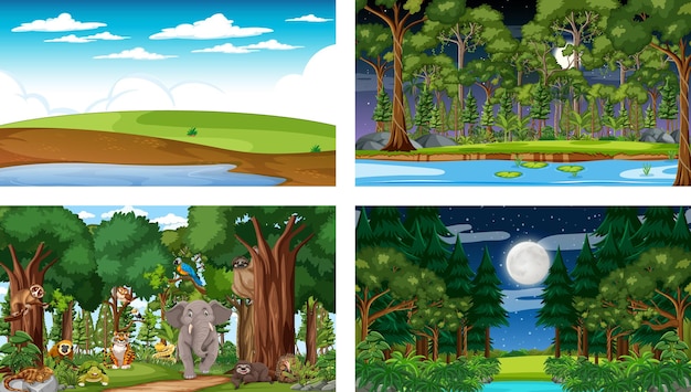 Different Forest Scenes Featuring Various Wild Animals – Free Download