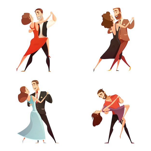 Retro Cartoon Dance Pair: Men and Women Dancing Together – Free Download