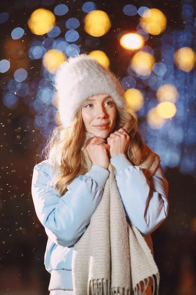 Outdoor Night Portrait of Young Woman Posing in Street – Free Download Stock Photo