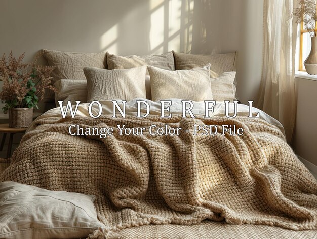 Cozy Bed with Knit Blanket – Free to Download Stunning Stock Photo